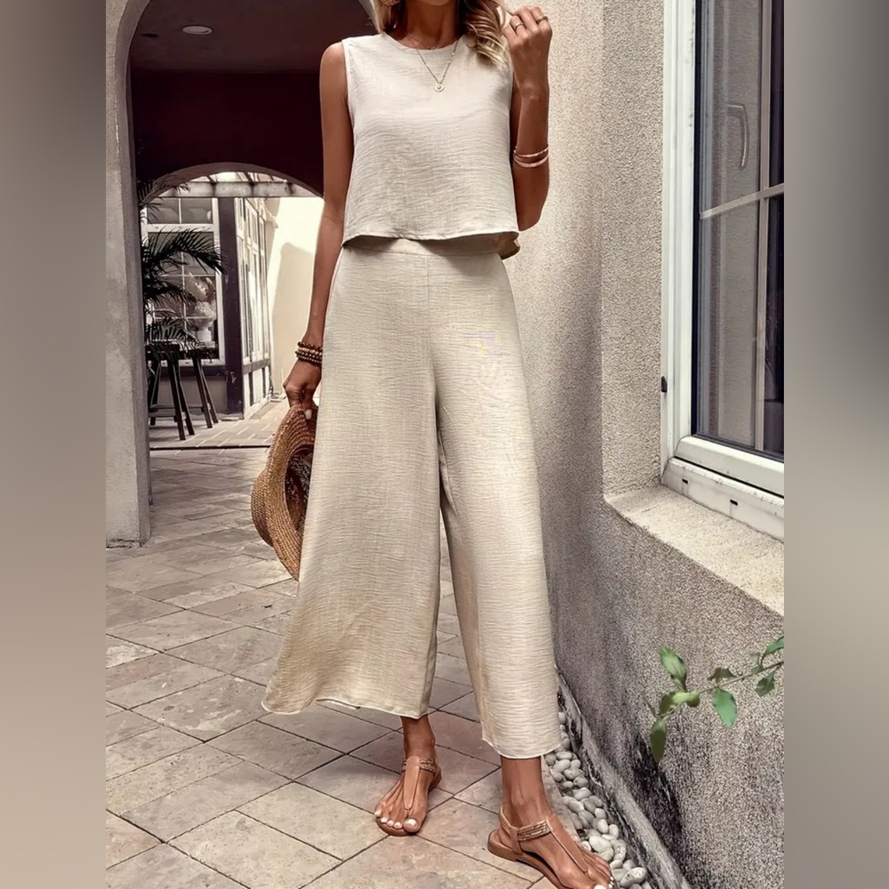 Apricot Elegant Pants Set, Crew Neck Tank Top & Wide Leg Pants Outfits - Picture 4 of 6